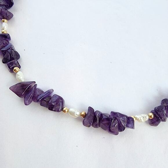 Handmade Artisan Necklace Genuine Amethyst, Pearl 14K Gold Filled February Stone - Picture 4 of 7